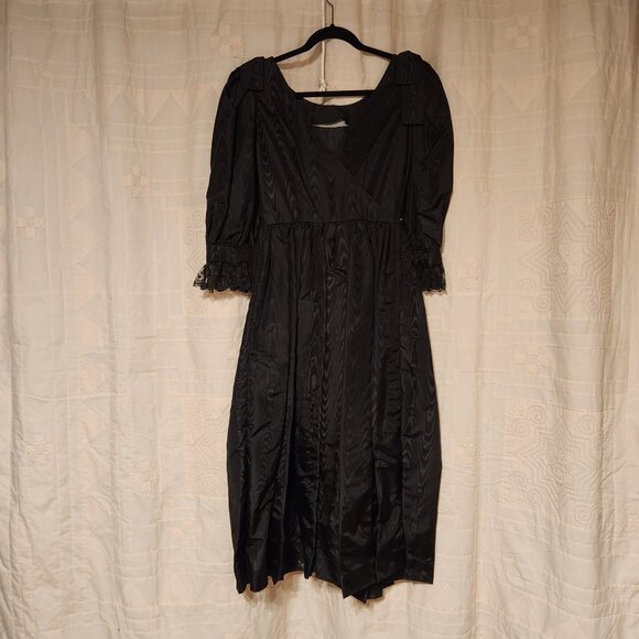 🖤 Vtg 80s Black Moire Taffeta Puff Sleeve Goth Prom Dress XS 🖤 - Picture 6 of 7